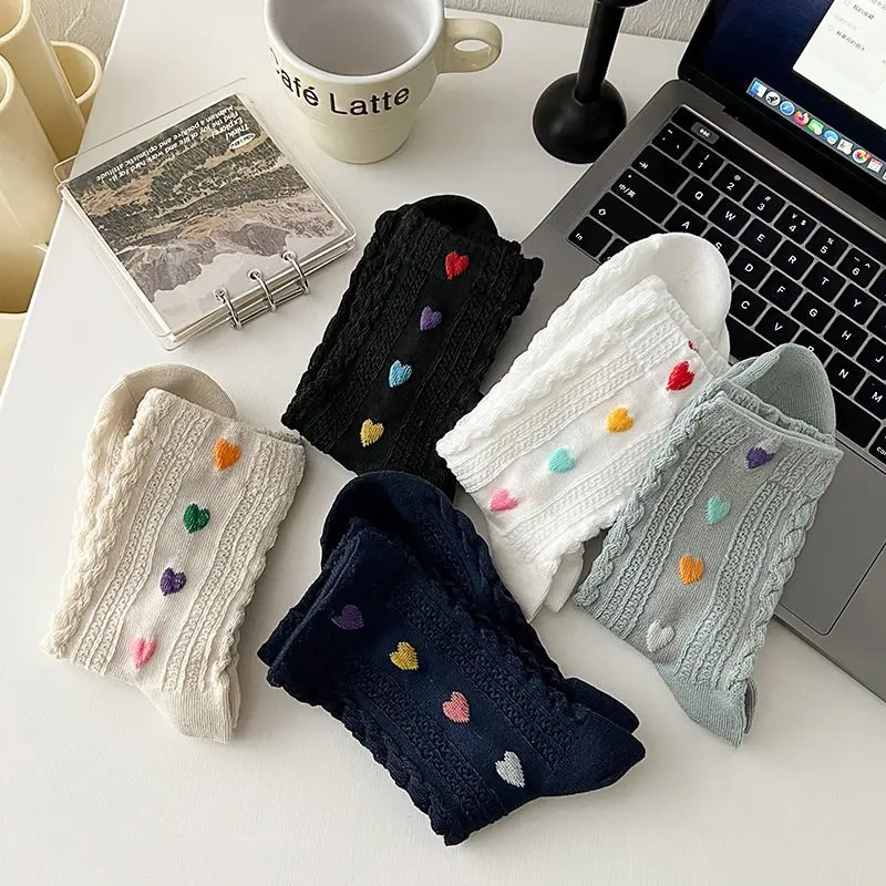 Cute Heart Socks for Women Candy Color Love Print Middle Tube Sock Harajuku Vintage Female  Cotton Socks