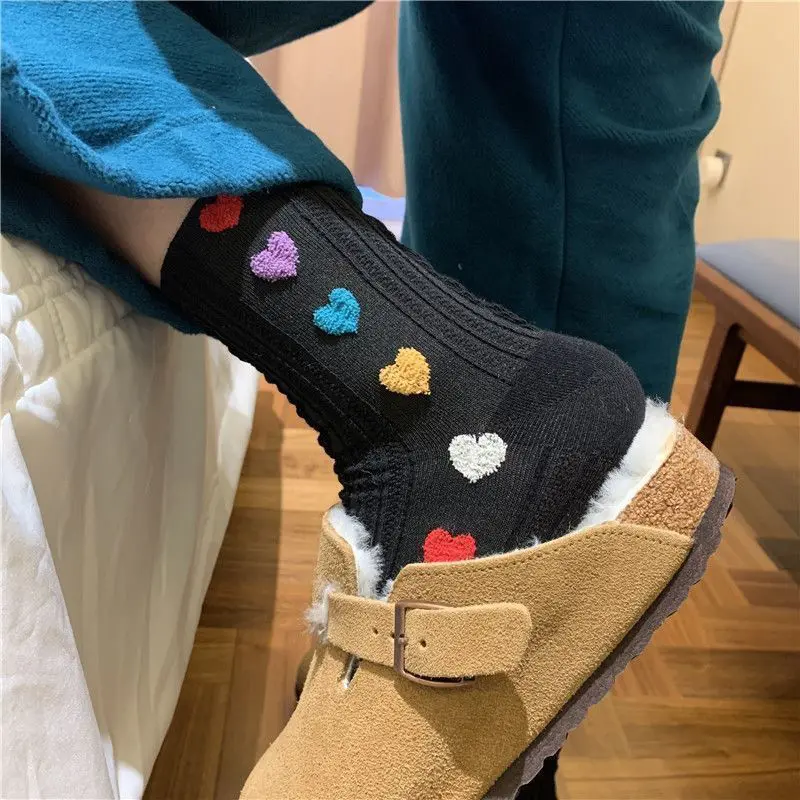 Cute Heart Socks for Women Candy Color Love Print Middle Tube Sock Harajuku Vintage Female  Cotton Socks