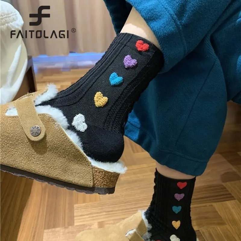 Cute Heart Socks for Women Candy Color Love Print Middle Tube Sock Harajuku Vintage Female  Cotton Socks