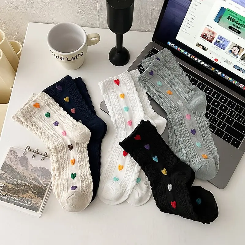 Cute Heart Socks for Women Candy Color Love Print Middle Tube Sock Harajuku Vintage Female  Cotton Socks