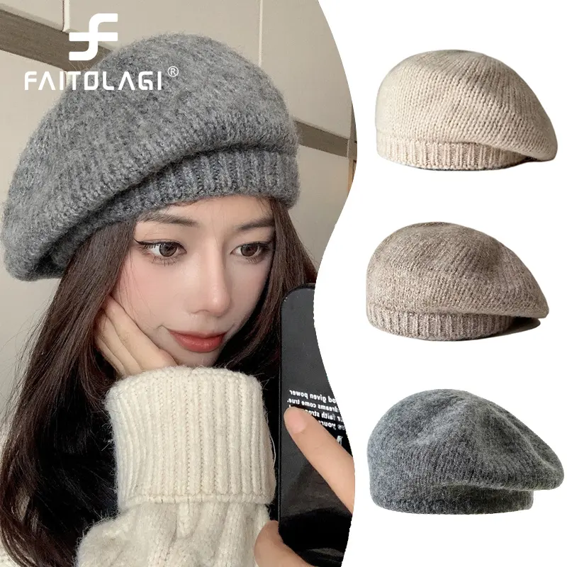 Women Knit Beret Korean Solid Color Wool Painter Cap Lady Female Vintage French Warm Artist Hats