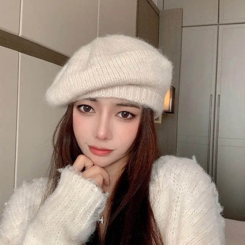 Women Knit Beret Korean Solid Color Wool Painter Cap Lady Female Vintage French Warm Artist Hats