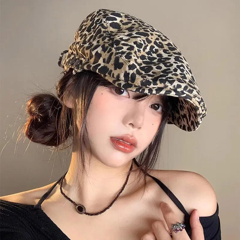 Y2K Leopard Print Berets Hat for Women Spring Summer Lady Sunshade Cap Vintage Korean Casual Forward Hats