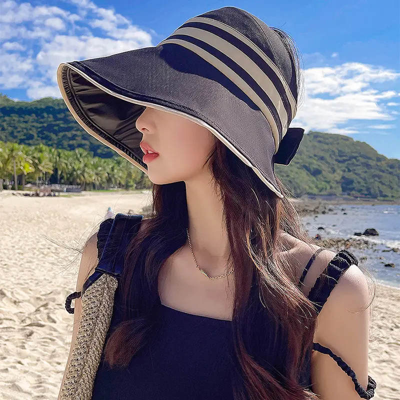 Summer Sun Hat for Women Solid Color Striped Empty Top Visor Cap Outdoor Foldable Anti-UV Large Brim Bucket Hats