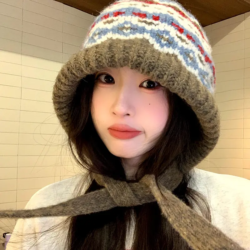 Winter Warm Ear Protection Hat for Women Retro Ethnic Knitted Woolen Cap Geometry Jacquard Thermal Pullover Bonnets
