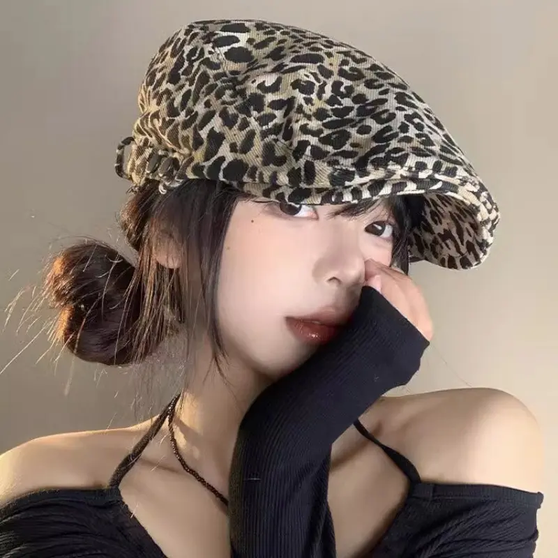 Y2K Leopard Print Berets Hat for Women Spring Summer Lady Sunshade Cap Vintage Korean Casual Forward Hats