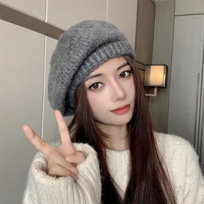 Women Knit Beret Korean Solid Color Wool Painter Cap Lady Female Vintage French Warm Artist Hats