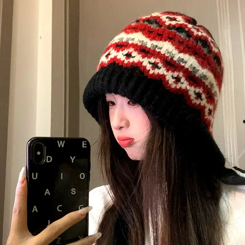 Winter Warm Ear Protection Hat for Women Retro Ethnic Knitted Woolen Cap Geometry Jacquard Thermal Pullover Bonnets