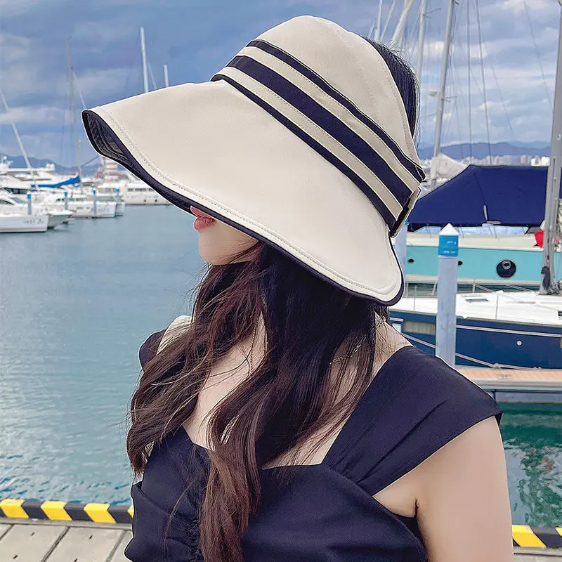 Summer Sun Hat for Women Solid Color Striped Empty Top Visor Cap Outdoor Foldable Anti-UV Large Brim Bucket Hats