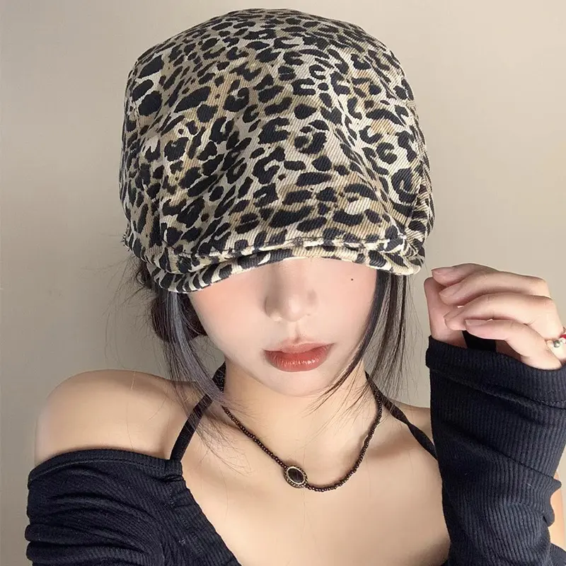 Y2K Leopard Print Berets Hat for Women Spring Summer Lady Sunshade Cap Vintage Korean Casual Forward Hats