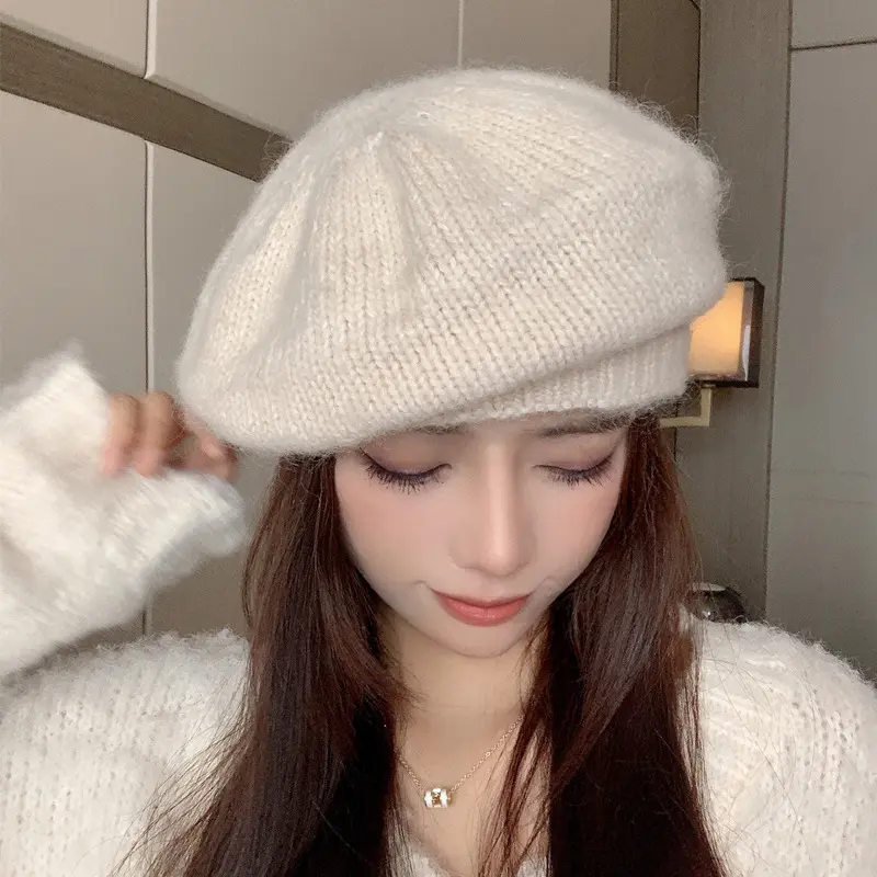 Women Knit Beret Korean Solid Color Wool Painter Cap Lady Female Vintage French Warm Artist Hats