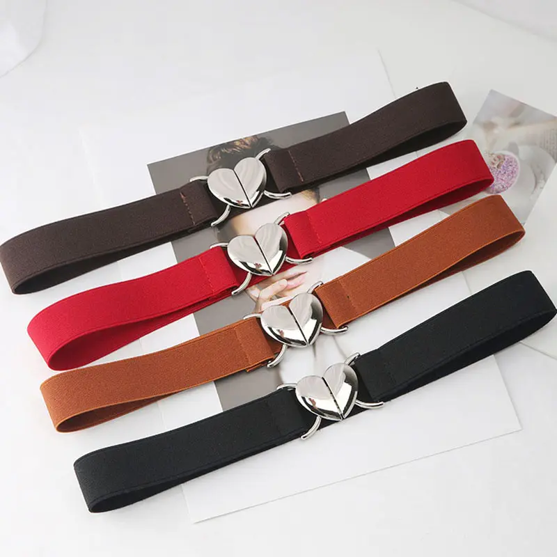 Elastic Women Belt Love Heart Metal Buckle Stretch Waistband Multicolor Ladies Female Dress Love Decor Thin Waist Strap