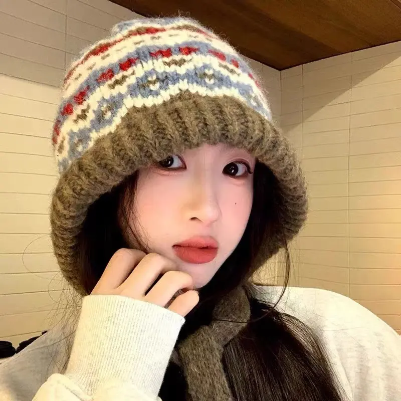 Winter Warm Ear Protection Hat for Women Retro Ethnic Knitted Woolen Cap Geometry Jacquard Thermal Pullover Bonnets