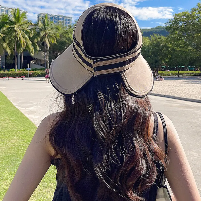 Summer Sun Hat for Women Solid Color Striped Empty Top Visor Cap Outdoor Foldable Anti-UV Large Brim Bucket Hats