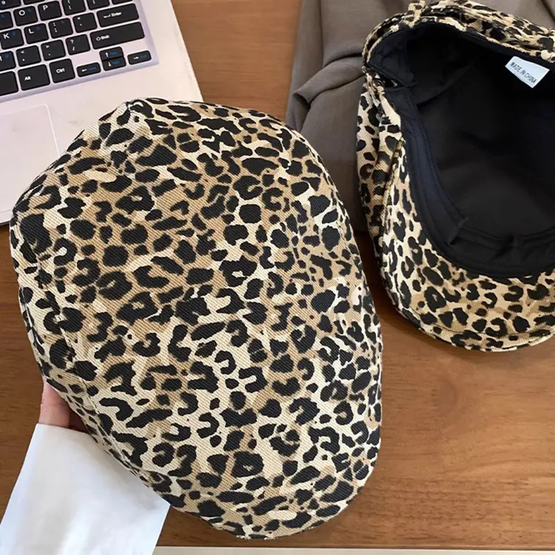 Y2K Leopard Print Berets Hat for Women Spring Summer Lady Sunshade Cap Vintage Korean Casual Forward Hats