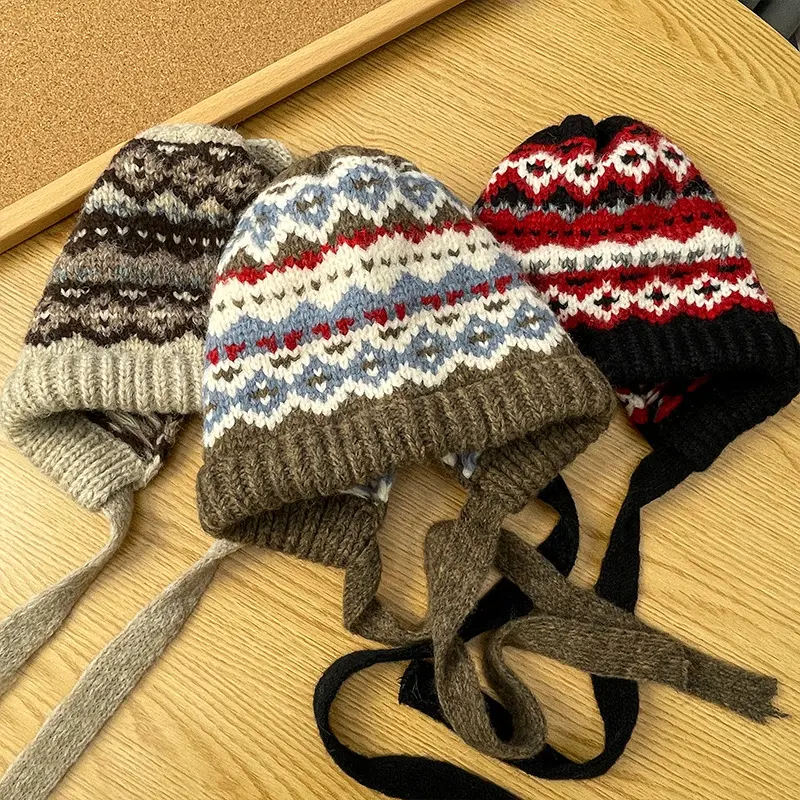 Winter Warm Ear Protection Hat for Women Retro Ethnic Knitted Woolen Cap Geometry Jacquard Thermal Pullover Bonnets
