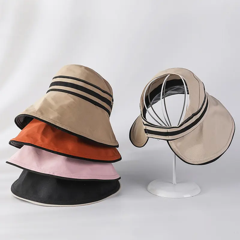 Summer Sun Hat for Women Solid Color Striped Empty Top Visor Cap Outdoor Foldable Anti-UV Large Brim Bucket Hats