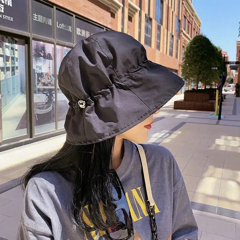 Adjustable Drawstring Fishing Bucket Hat Women UV Protection Bob Fisherman Cap Breathable Outdoor Cycling Solid Color Sun Hats