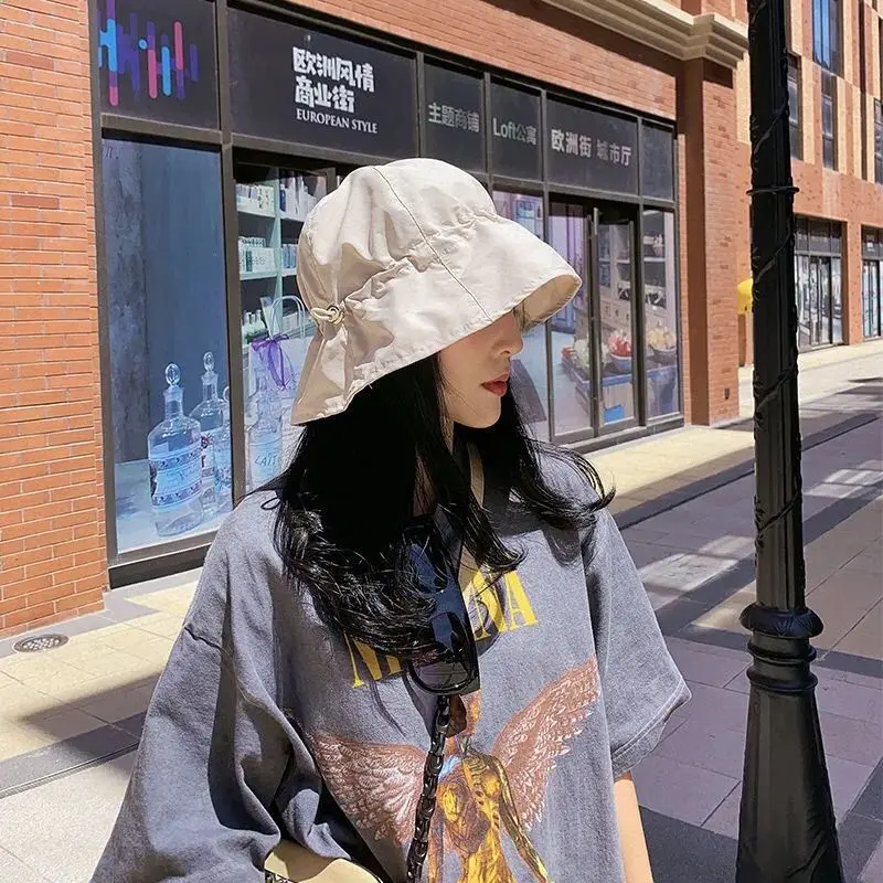 Adjustable Drawstring Fishing Bucket Hat Women UV Protection Bob Fisherman Cap Breathable Outdoor Cycling Solid Color Sun Hats