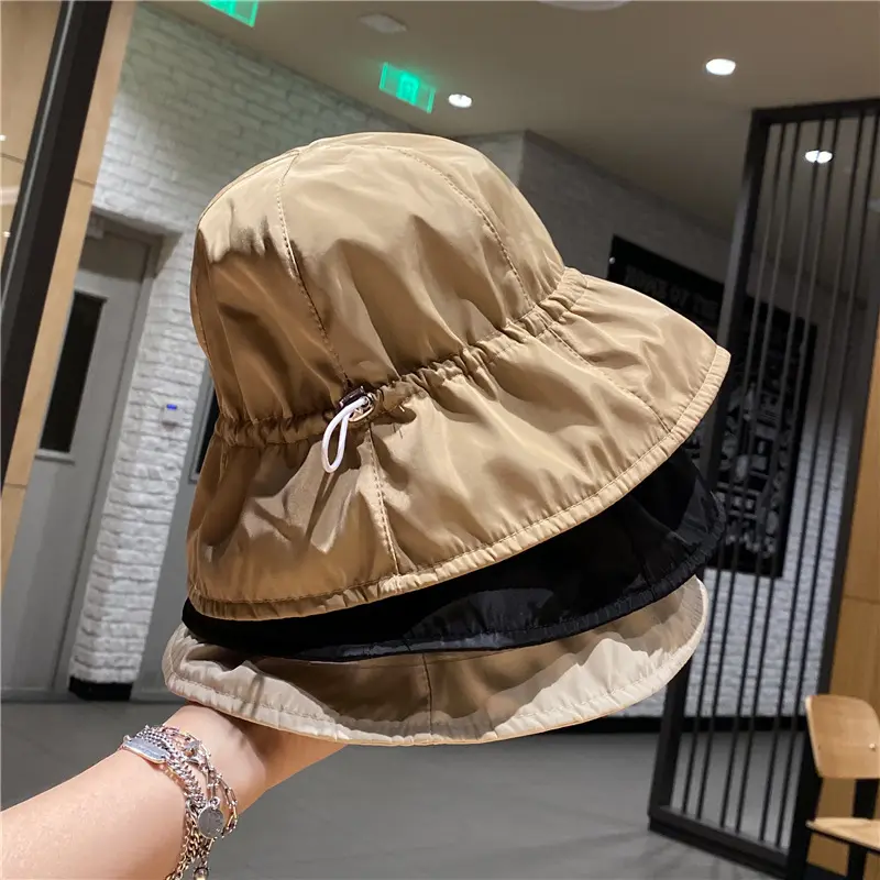 Adjustable Drawstring Fishing Bucket Hat Women UV Protection Bob Fisherman Cap Breathable Outdoor Cycling Solid Color Sun Hats