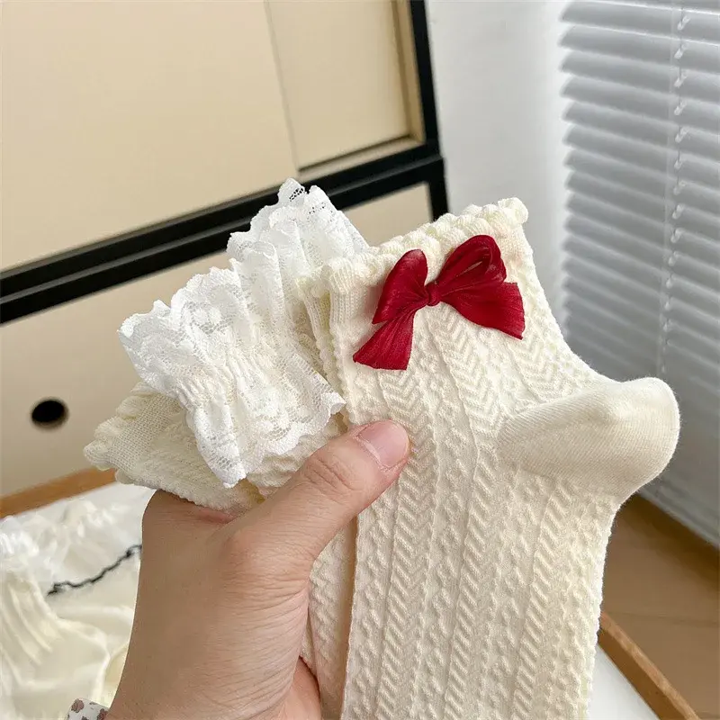 Lolita White Bow Socks for Women Japanese Lace Ruffle Kawaii Sock Spring Summer Cute Girls Princess Socks