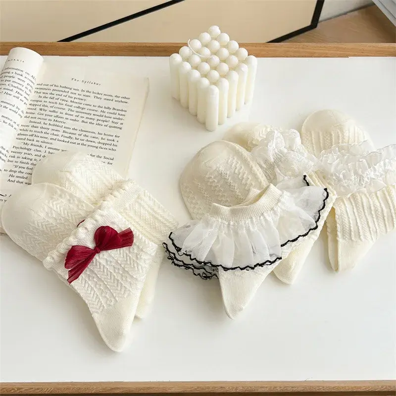 Lolita White Bow Socks for Women Japanese Lace Ruffle Kawaii Sock Spring Summer Cute Girls Princess Socks