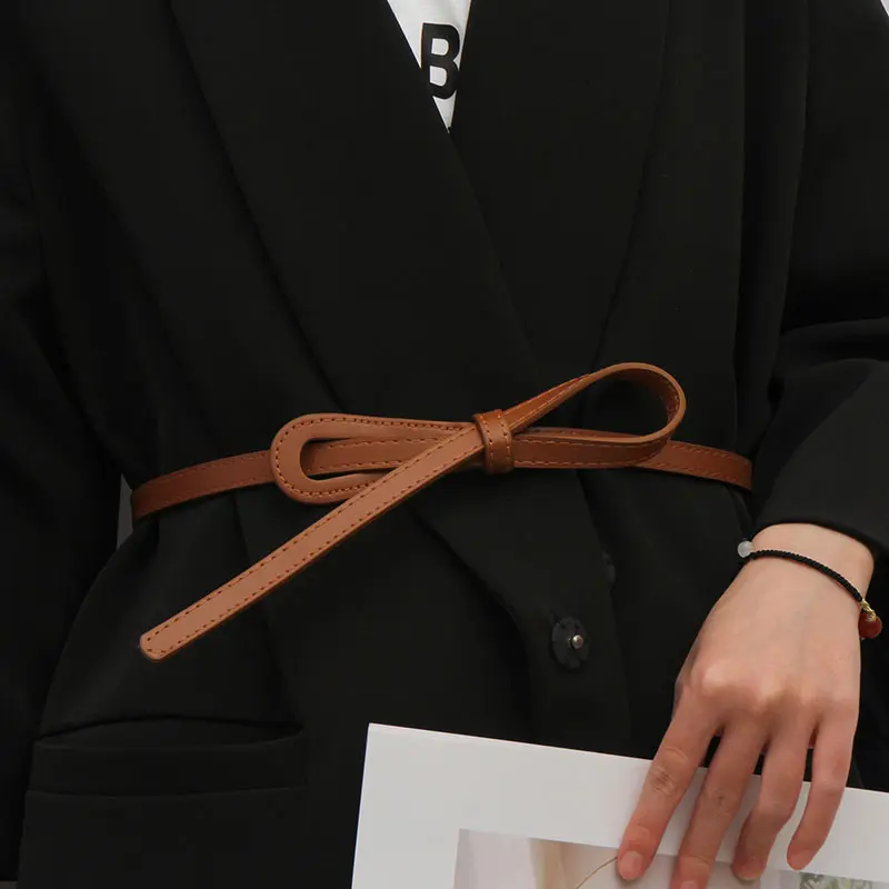 Simple Knotted Belt for Women Korean PU Leather Thin Waistband Elegant Female Coat Dress Decorative Girdles Straps