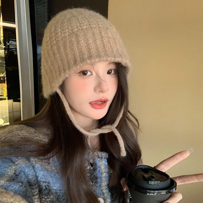 Winter Knitted Fisherman Hat for Women Solid Color Warm Windproof Bucket Hat Korean Ear Protection Woolen Cap