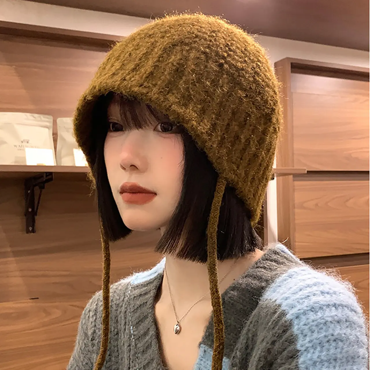 Winter Knitted Fisherman Hat for Women Solid Color Warm Windproof Bucket Hat Korean Ear Protection Woolen Cap