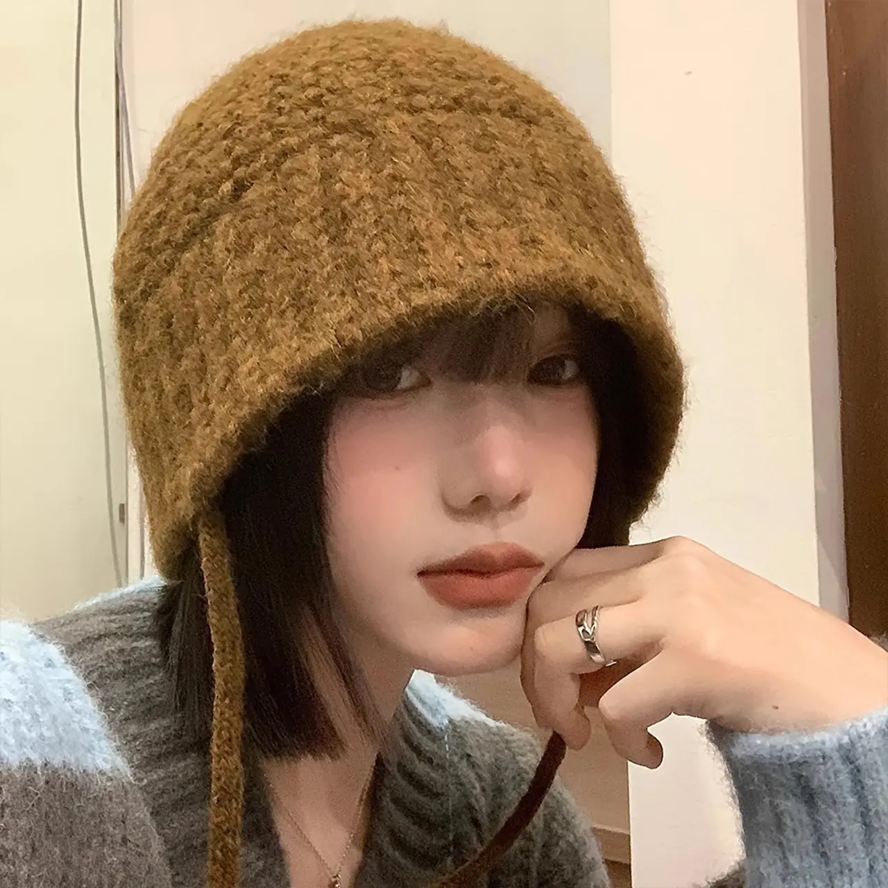 Winter Knitted Fisherman Hat for Women Solid Color Warm Windproof Bucket Hat Korean Ear Protection Woolen Cap
