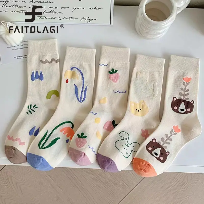 Japanese Flower Socks for Women Kawaii Bear Rabbit Print Middle Tube Sock Spring Autumn Soft Cotton Lady Socks