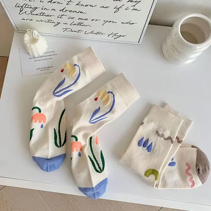 Japanese Flower Socks for Women Kawaii Bear Rabbit Print Middle Tube Sock Spring Autumn Soft Cotton Lady Socks