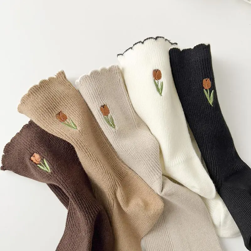 Cute Tulip Embroidery Socks Women Spring Autumn Cotton Short Sock Korean Solid Color Breathable Casual Socks Hosiery