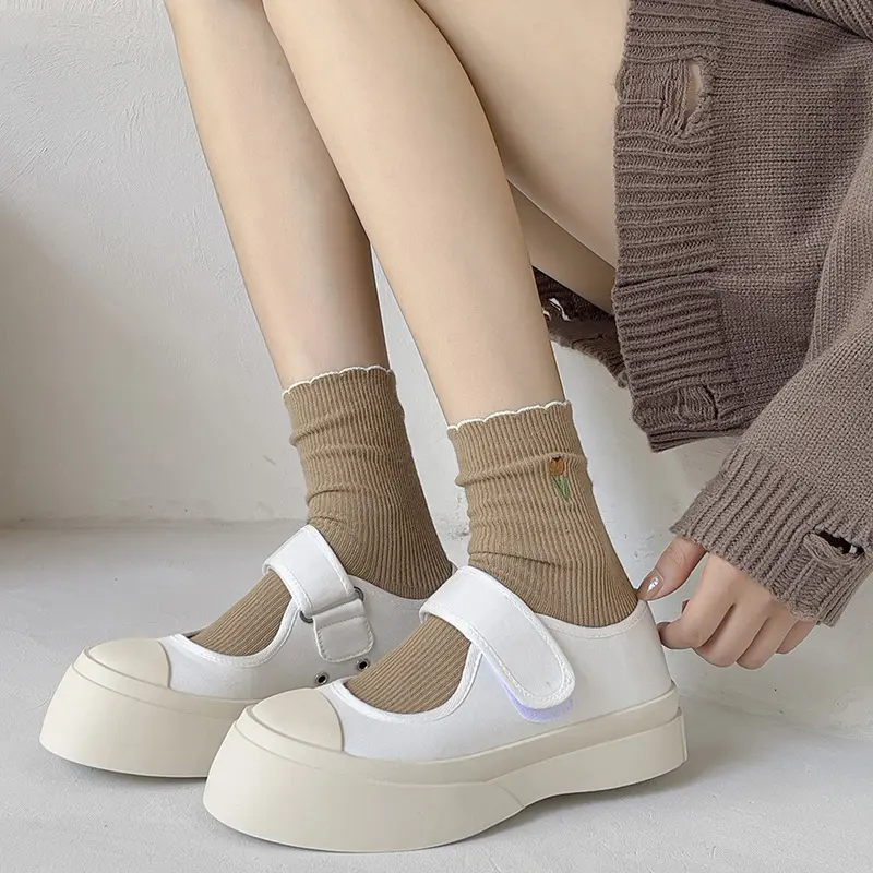 Cute Tulip Embroidery Socks Women Spring Autumn Cotton Short Sock Korean Solid Color Breathable Casual Socks Hosiery