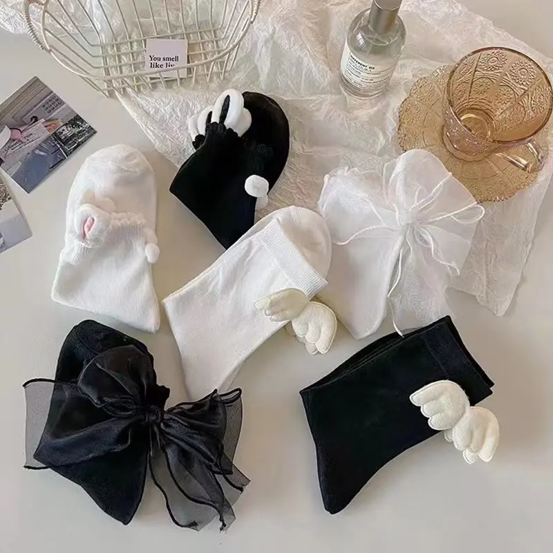 Japanese Lace Bow Socks for Women Cute Wings Rabbit Ear Lolita Sock for Girls Korean Black White Cotton Mid Tube Socks