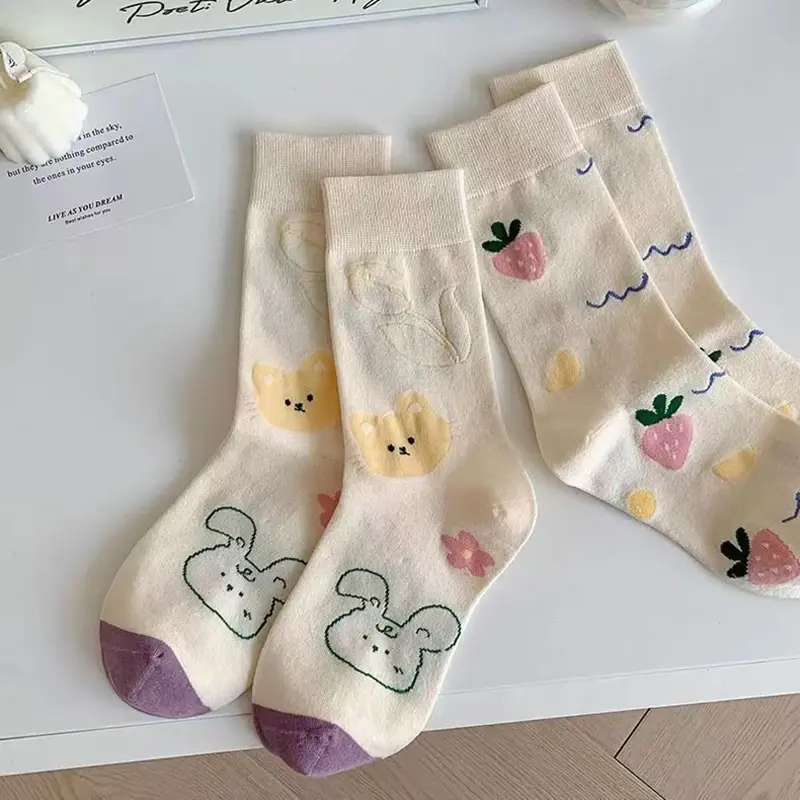 Japanese Flower Socks for Women Kawaii Bear Rabbit Print Middle Tube Sock Spring Autumn Soft Cotton Lady Socks