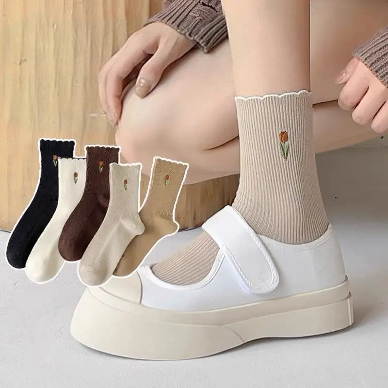 Cute Tulip Embroidery Socks Women Spring Autumn Cotton Short Sock Korean Solid Color Breathable Casual Socks Hosiery