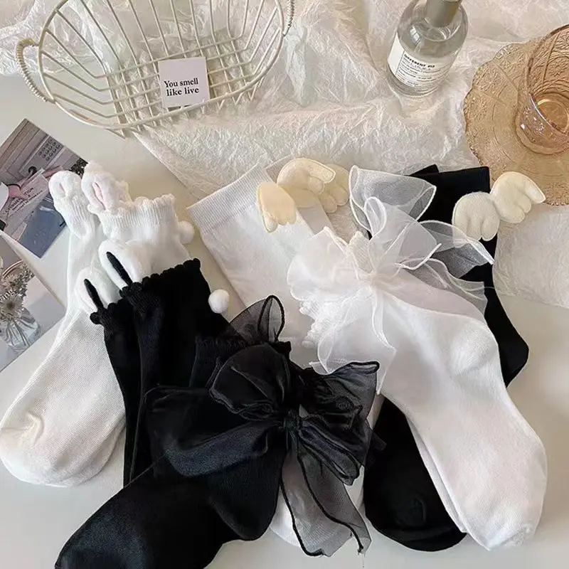 Japanese Lace Bow Socks for Women Cute Wings Rabbit Ear Lolita Sock for Girls Korean Black White Cotton Mid Tube Socks