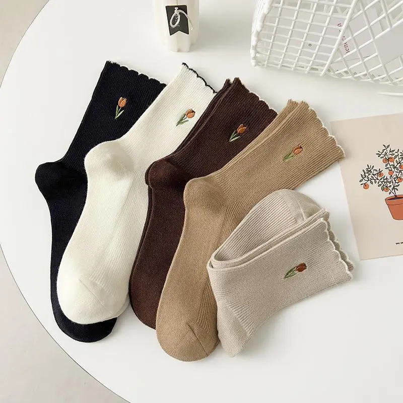Cute Tulip Embroidery Socks Women Spring Autumn Cotton Short Sock Korean Solid Color Breathable Casual Socks Hosiery
