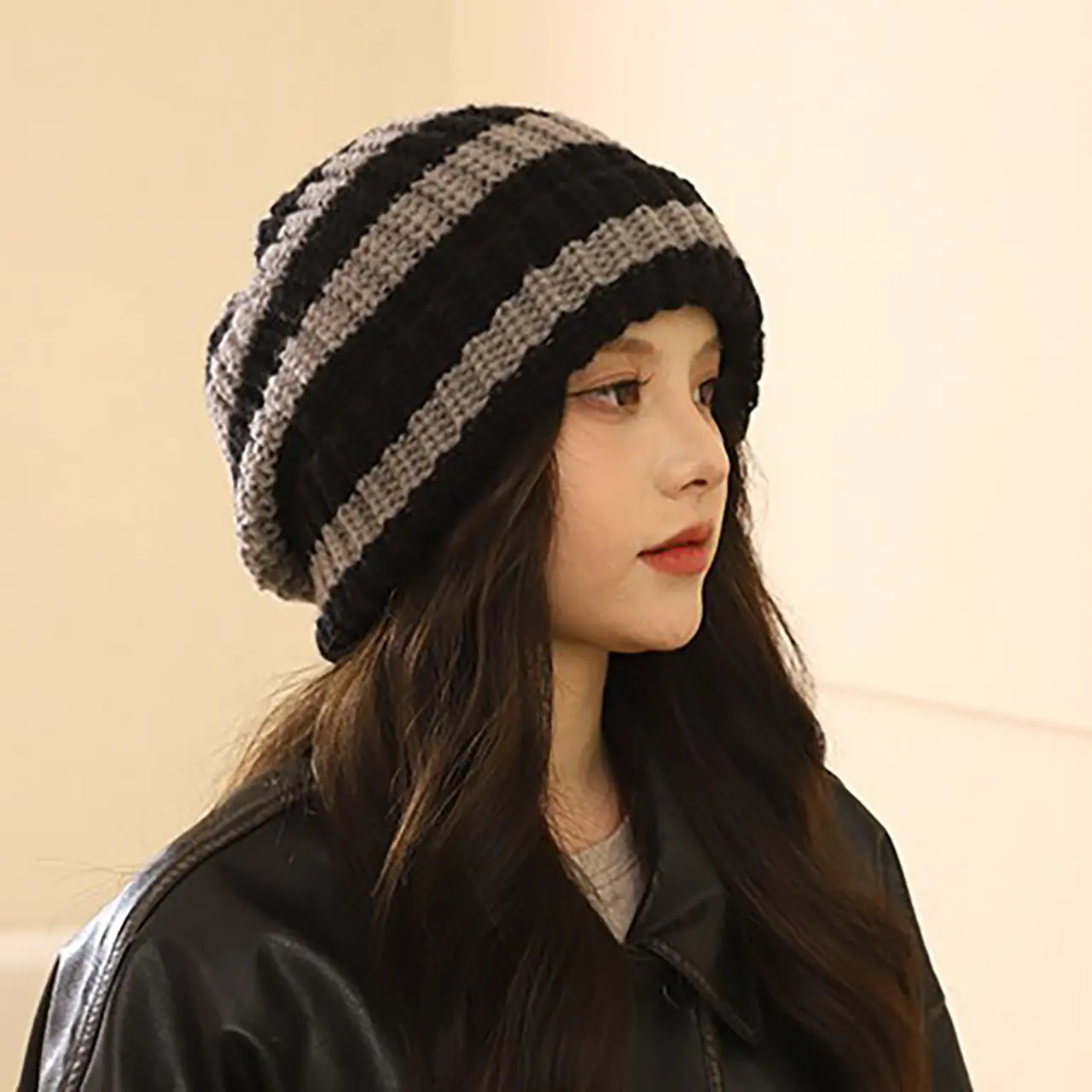 Striped Beanie Cap for Women Winter Warm Crochet Woolen Hat Korean Baggy Slouchy Knitted Hats Girls Skullcap
