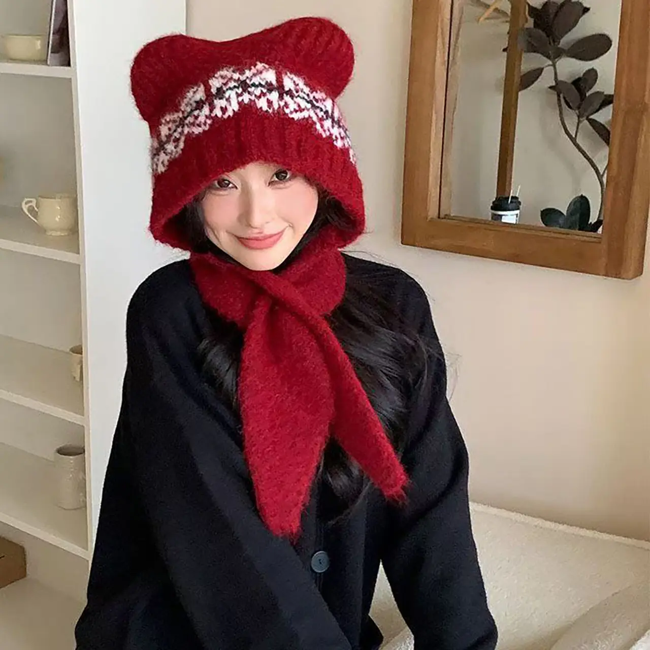 Winter Warm Knitted Hat for Women Cute Cat Ear Jacquard Wool Blended Cap Korean Ear Protection Pullover Caps