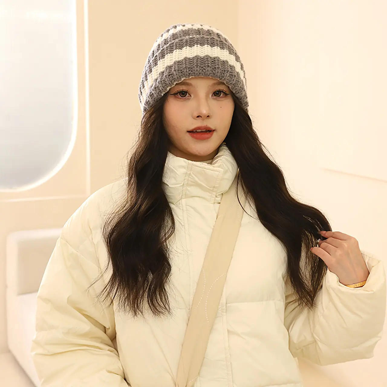 Striped Beanie Cap for Women Winter Warm Crochet Woolen Hat Korean Baggy Slouchy Knitted Hats Girls Skullcap