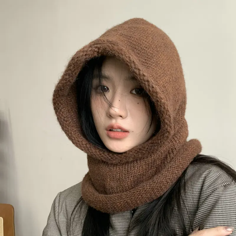 Korean Balaclava Hat for Women Winter Warm Knit Hooded Scarf Cap Outdoor Thermal One Piece Ear Protection Beanies