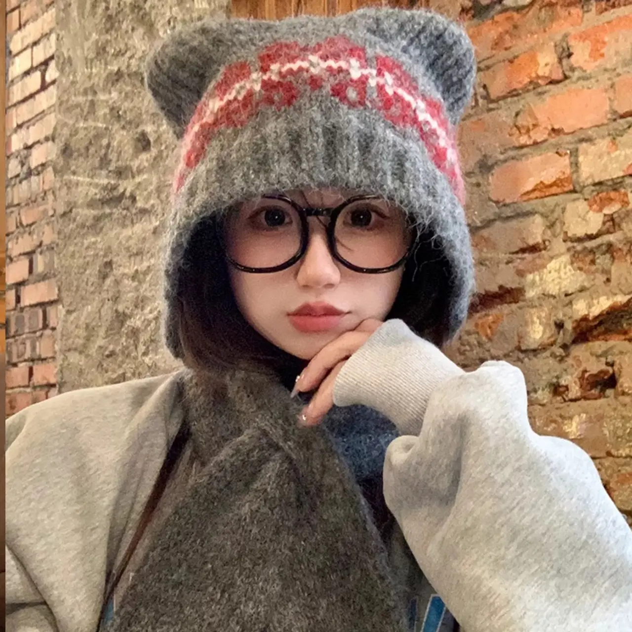 Winter Warm Knitted Hat for Women Cute Cat Ear Jacquard Wool Blended Cap Korean Ear Protection Pullover Caps