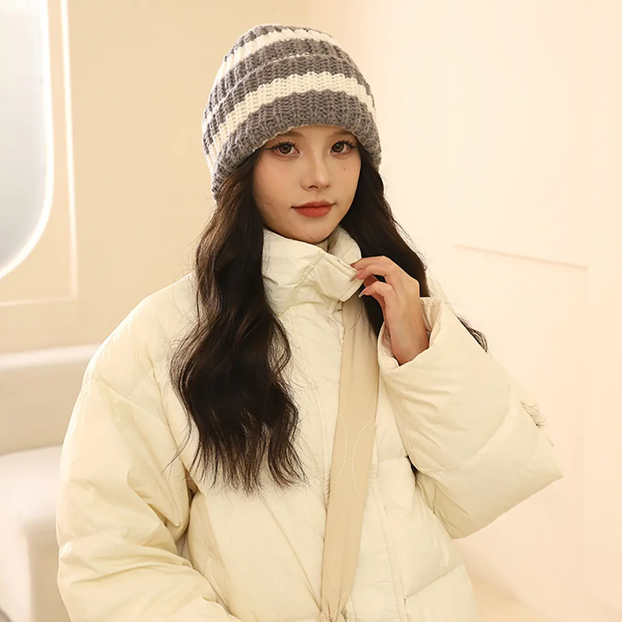 Striped Beanie Cap for Women Winter Warm Crochet Woolen Hat Korean Baggy Slouchy Knitted Hats Girls Skullcap