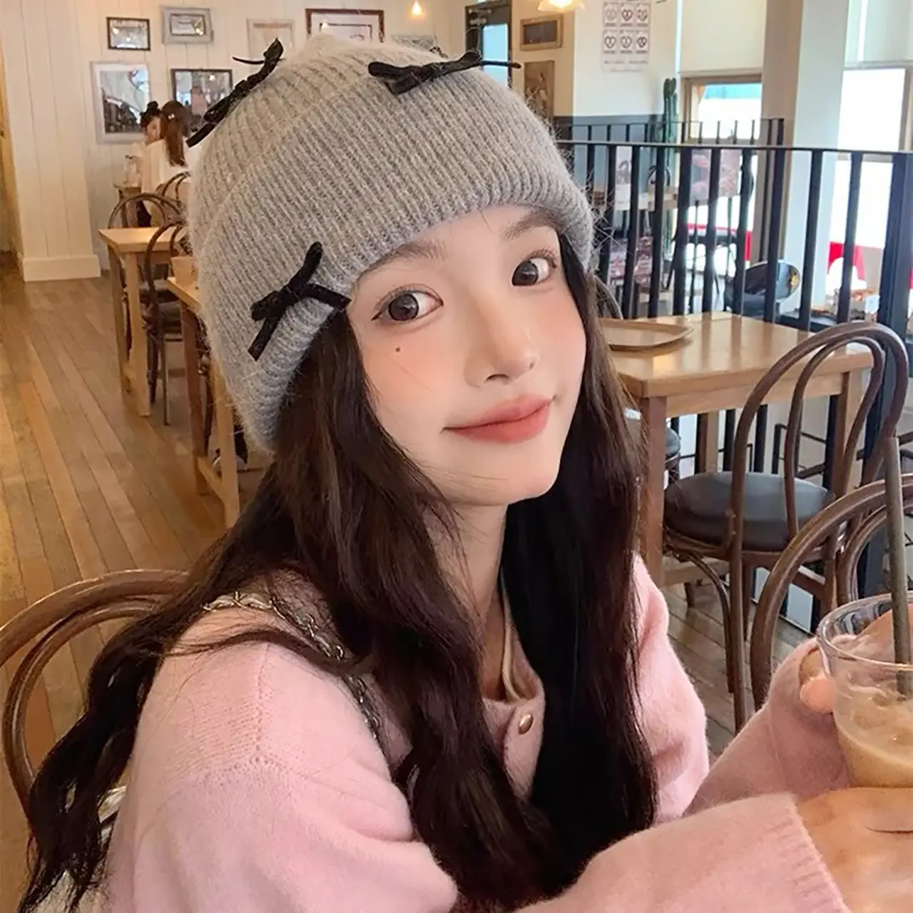 Y2K Bowknot Beanie Cap for Women Autumn Winter Warm Knit Hat Korean Solid Color Woolen Pullover Cap Girls Skullcap