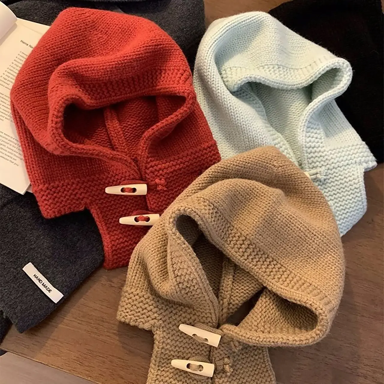 Winter Balaclava Hat for Women Korean Cow Horn Buckle Knitted Scarf Cap Outdoor Neck Cold Proof Warm Ear Protection Beanies