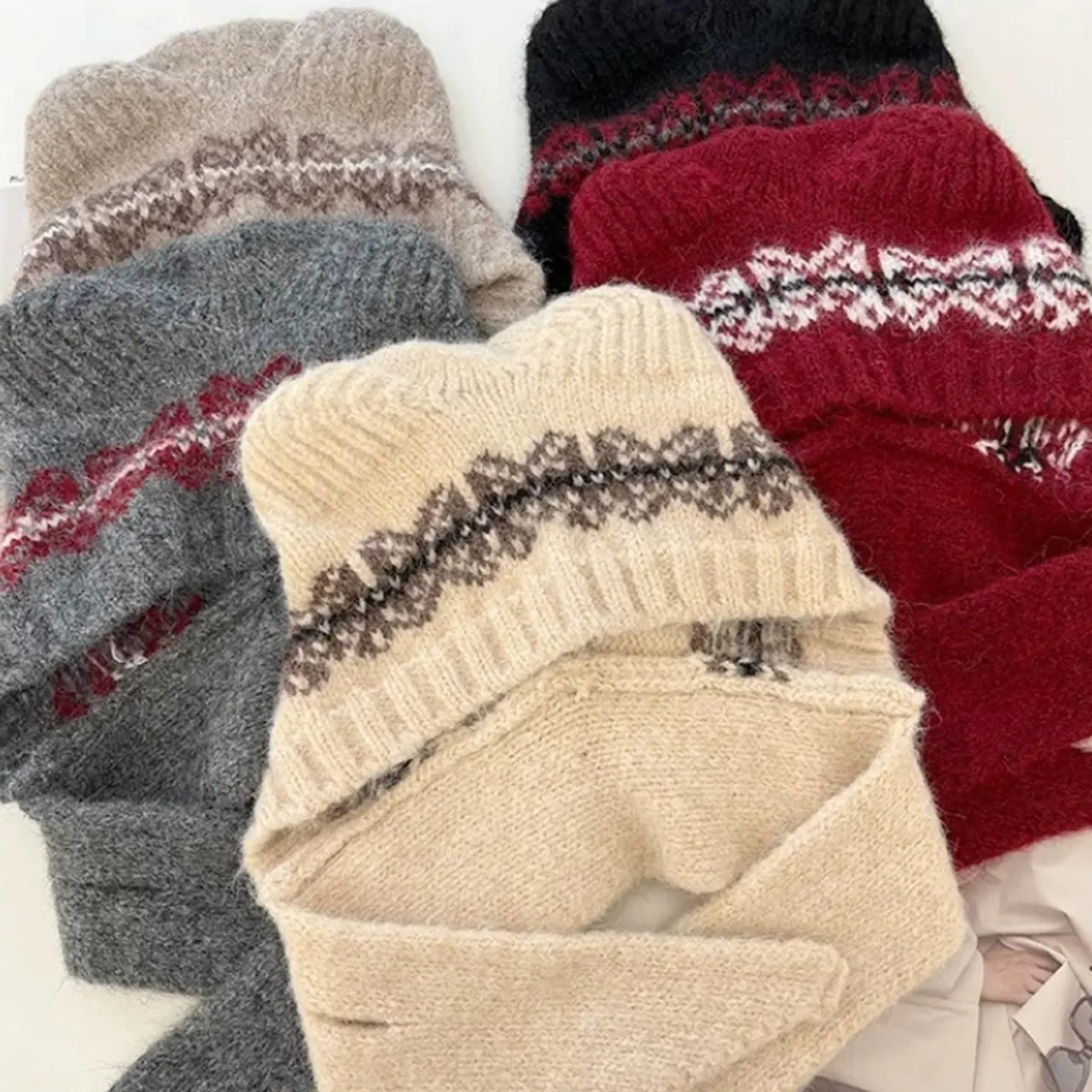 Winter Warm Knitted Hat for Women Cute Cat Ear Jacquard Wool Blended Cap Korean Ear Protection Pullover Caps