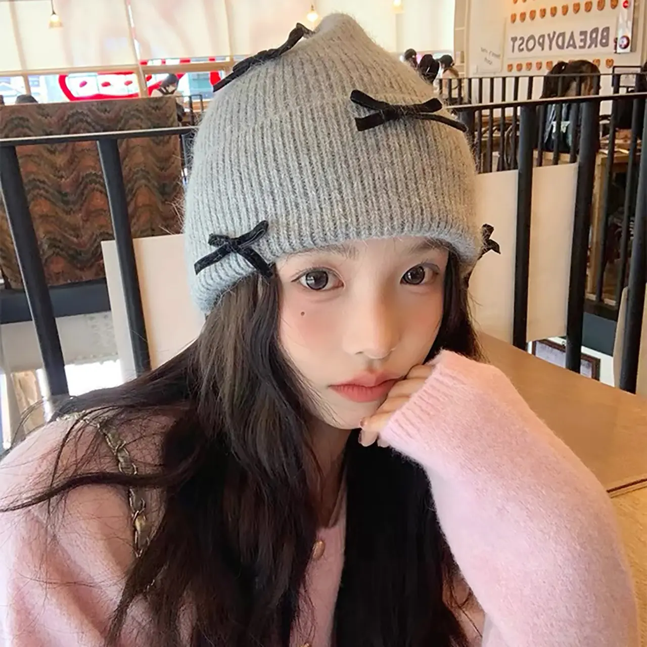 Y2K Bowknot Beanie Cap for Women Autumn Winter Warm Knit Hat Korean Solid Color Woolen Pullover Cap Girls Skullcap