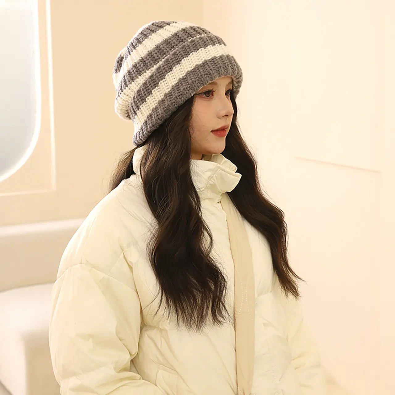 Striped Beanie Cap for Women Winter Warm Crochet Woolen Hat Korean Baggy Slouchy Knitted Hats Girls Skullcap